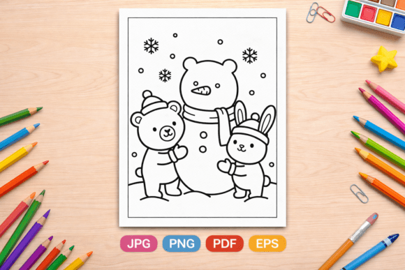 Cute Bear and Bunny Making Snowman Coloring Page
