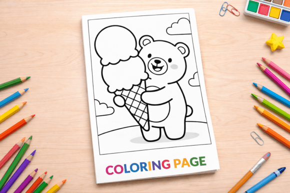 Cute Bear Holding Ice Cream Coloring Page for Creators