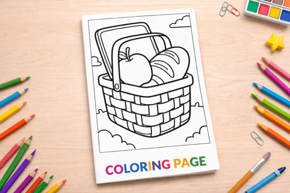 Picnic Basket with Bread and Apple: A Versatile Coloring Resource for Early Learning and Creative Projects